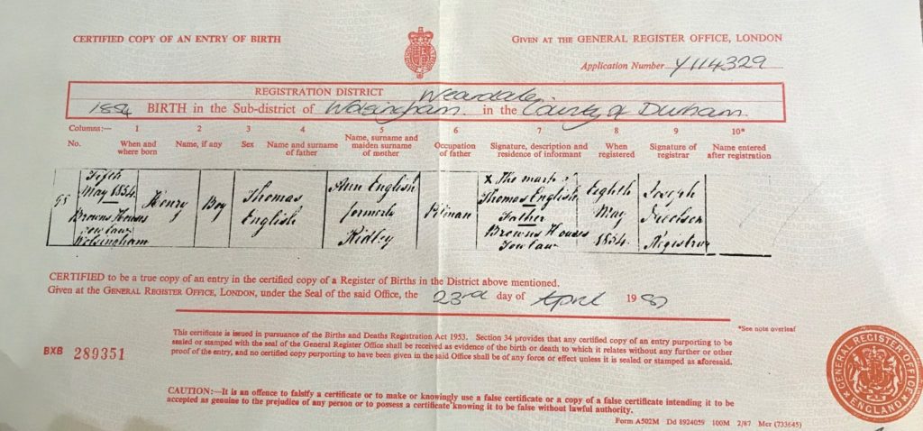 Henry English Birth Certificate 1854