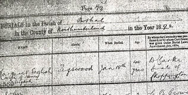 Margaret English's Burial-1892. St Andrew, Bothal Burial Registers.
