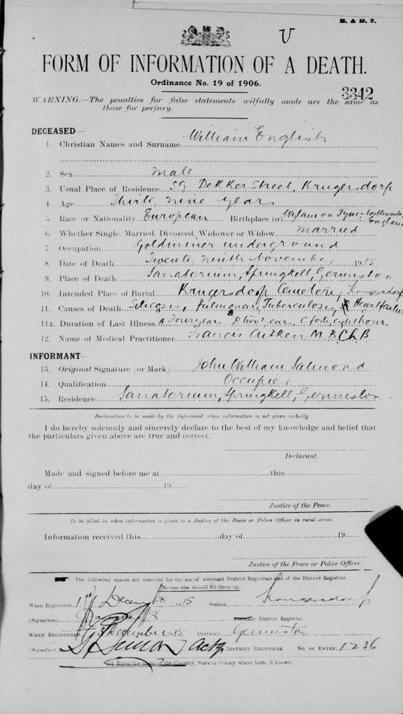National Archives of South Africa South Africa, Transvaal, Civil Death, 1869-1954