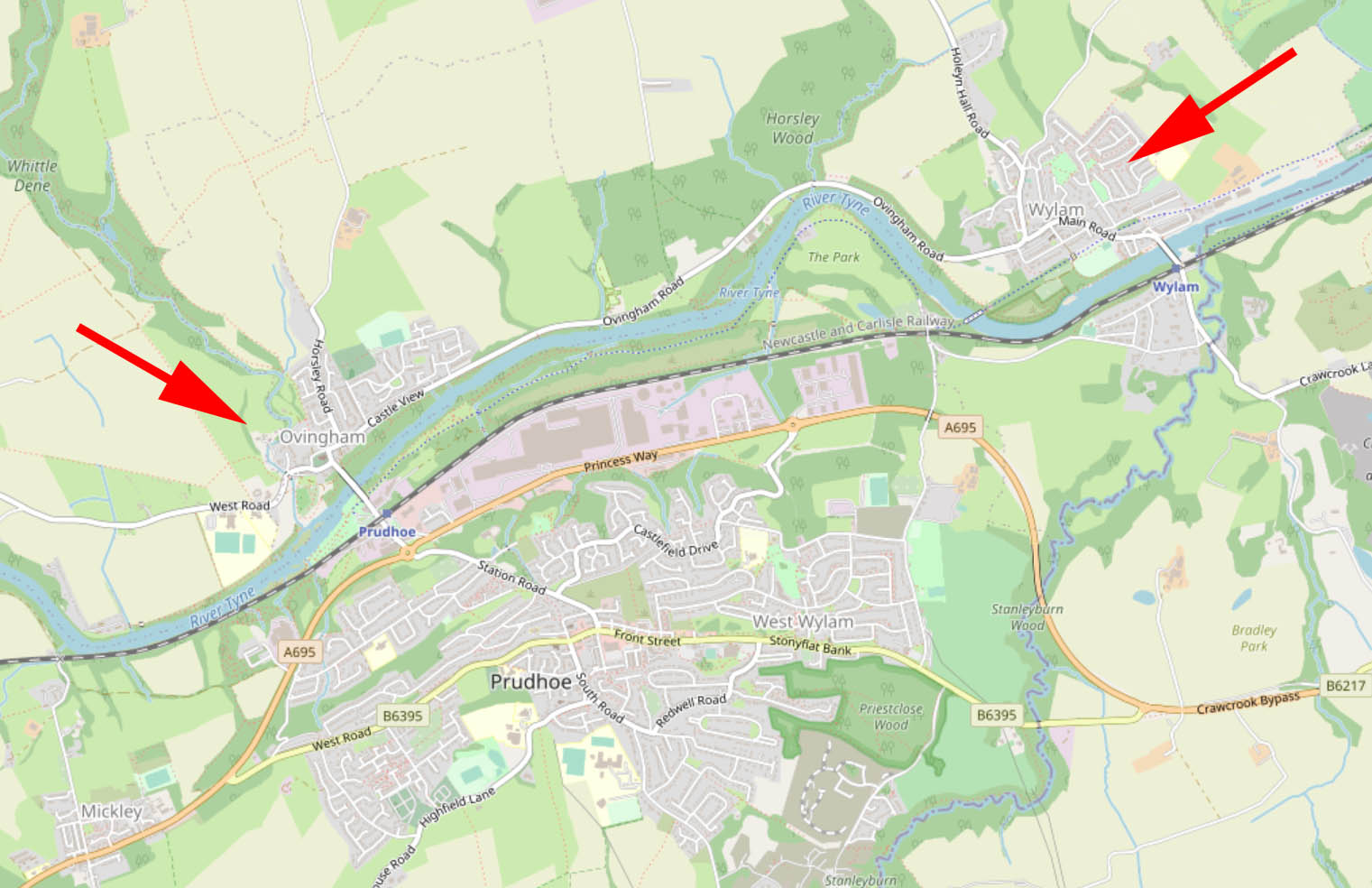 Location of Ovingham relative to Wylam. Base map and data from OpenStreetMap and OpenStreetMap Foundation.