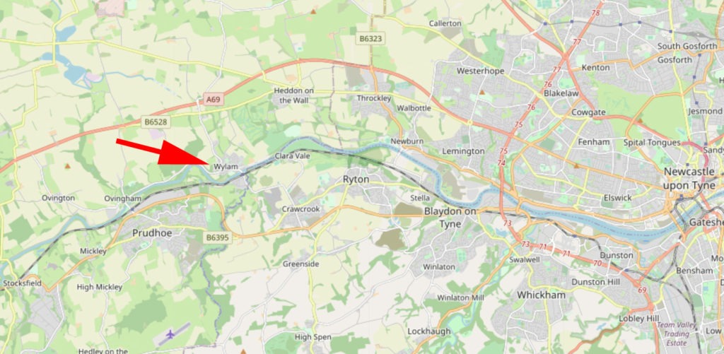 Location of Wylam in relation to Newcastle upon Tyne. Base map and data from OpenStreetMap and OpenStreetMap Foundation.