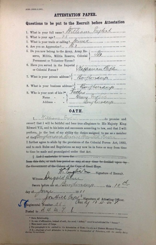William English Attestation Papers. Source: National Archives,WO126, War Office: Local Armed Forces, Enrolment Forms, South African War 1899-1902
