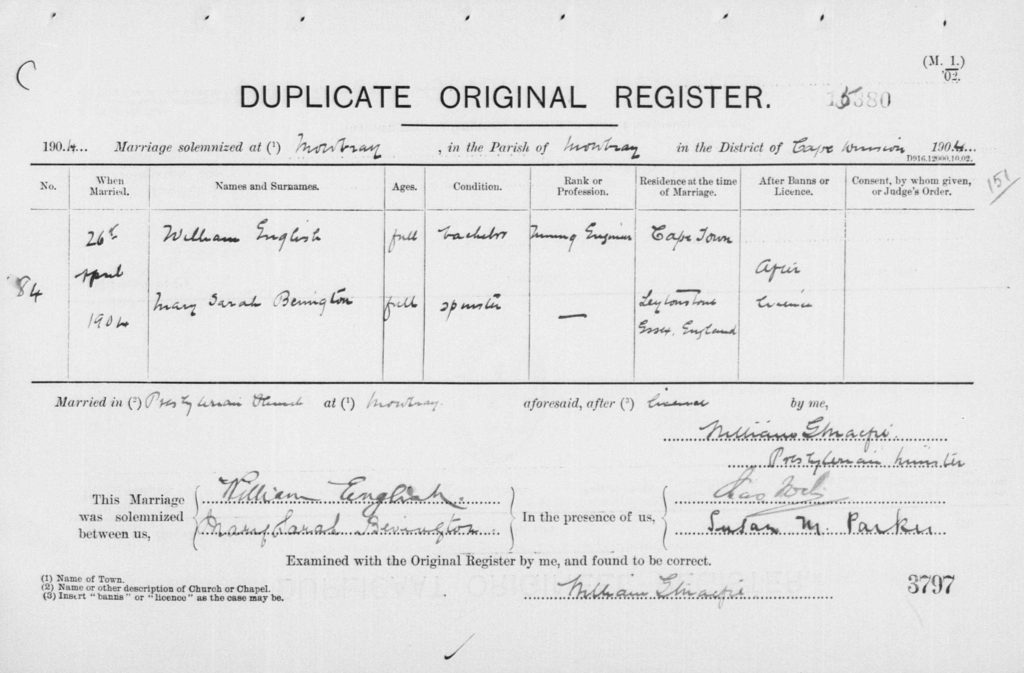 William English and and Mary Sarah Bevington's marriage certificate. Source: South Africa, Civil registration (marriages), Cape Province, 1900-1930. March 1904-May 1904, Film # 007732765, Image 2503