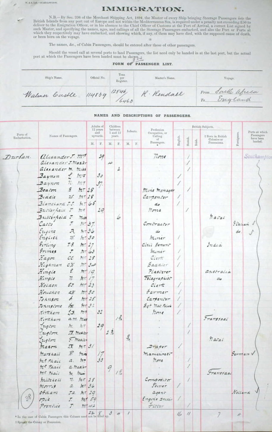 William Englishs journey to England 1906. Source: UK Incoming Passenger Lists, 1878-1960. Class: BT26; Piece: 276; Item: 86