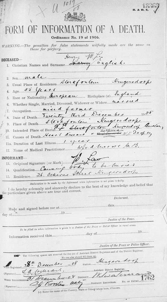 Henry English Form of Information of Dearth. Source: Civil registration (marriages, deaths), Transvaal, 1869-1954