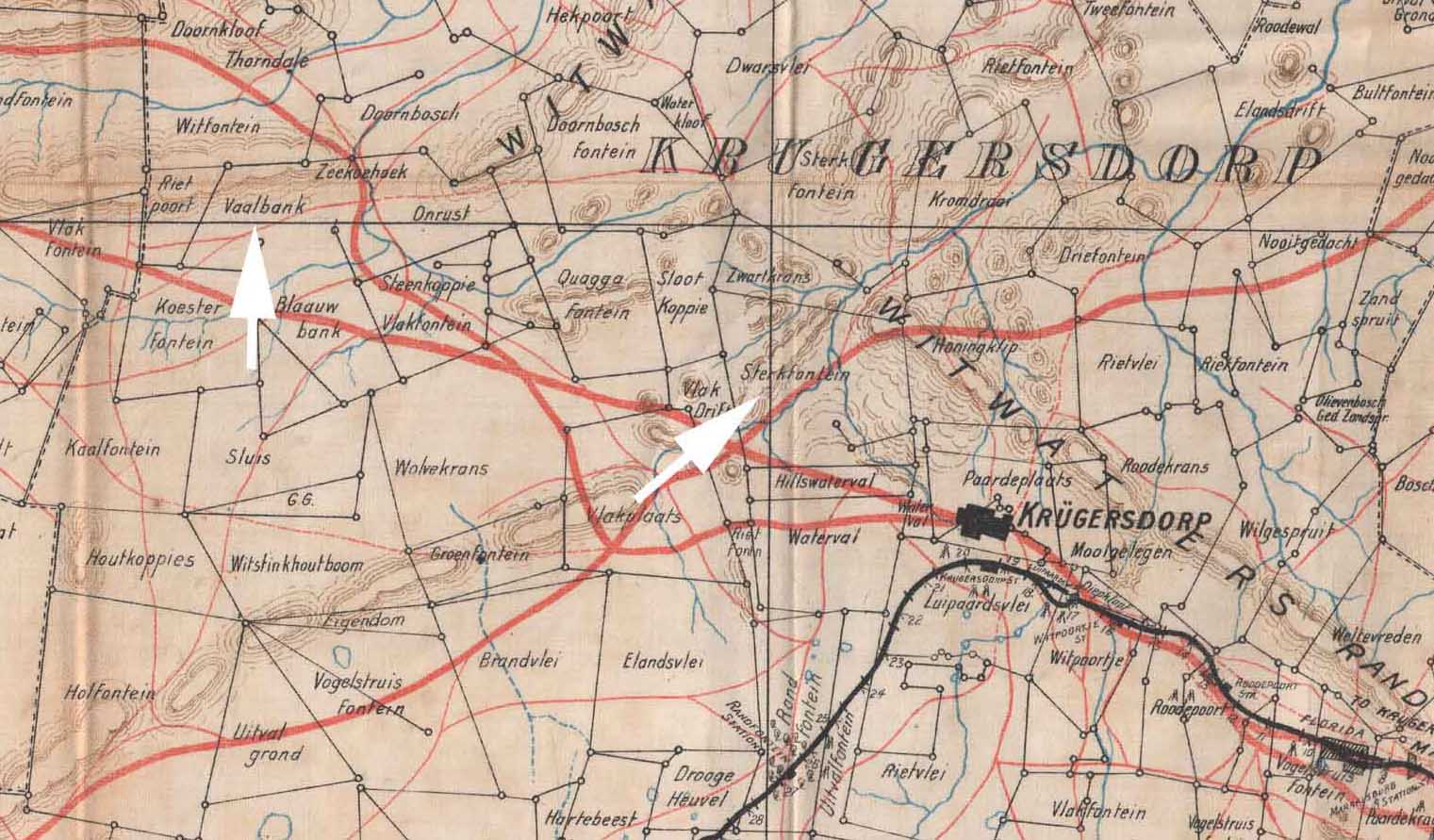 South African War, 1899-1902 -- Maps., Krugersdorp Region (South Africa). 1st ed., Map showing farm names, farm boundaries and fences, roads, rivers, railways, dams, hills, pans (often dry), telegraph lines, homesteads, divisional boundaries, cultivated lands and trees. Source: UCT Library