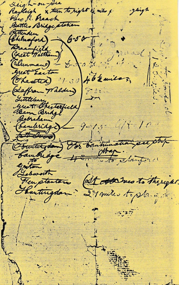William's original notes of his route from Leigh on Sea