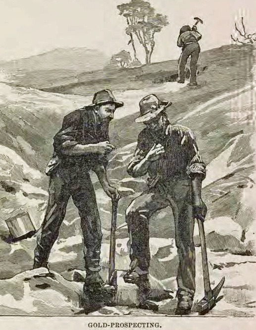 Gold Prospecting in South Africa. Source: Miners and their works underground : stories of the mining of coal, of various metals, and of diamonds by Holmes, F. M. (Frederic Morell), 1896.